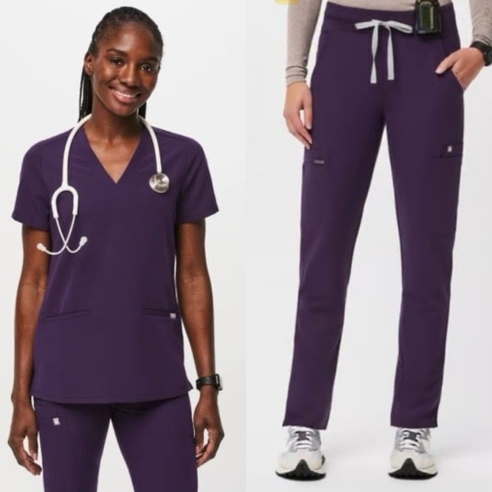 Women's Figs Purple Scrubs Yola high waisted Pants and Catarina top.